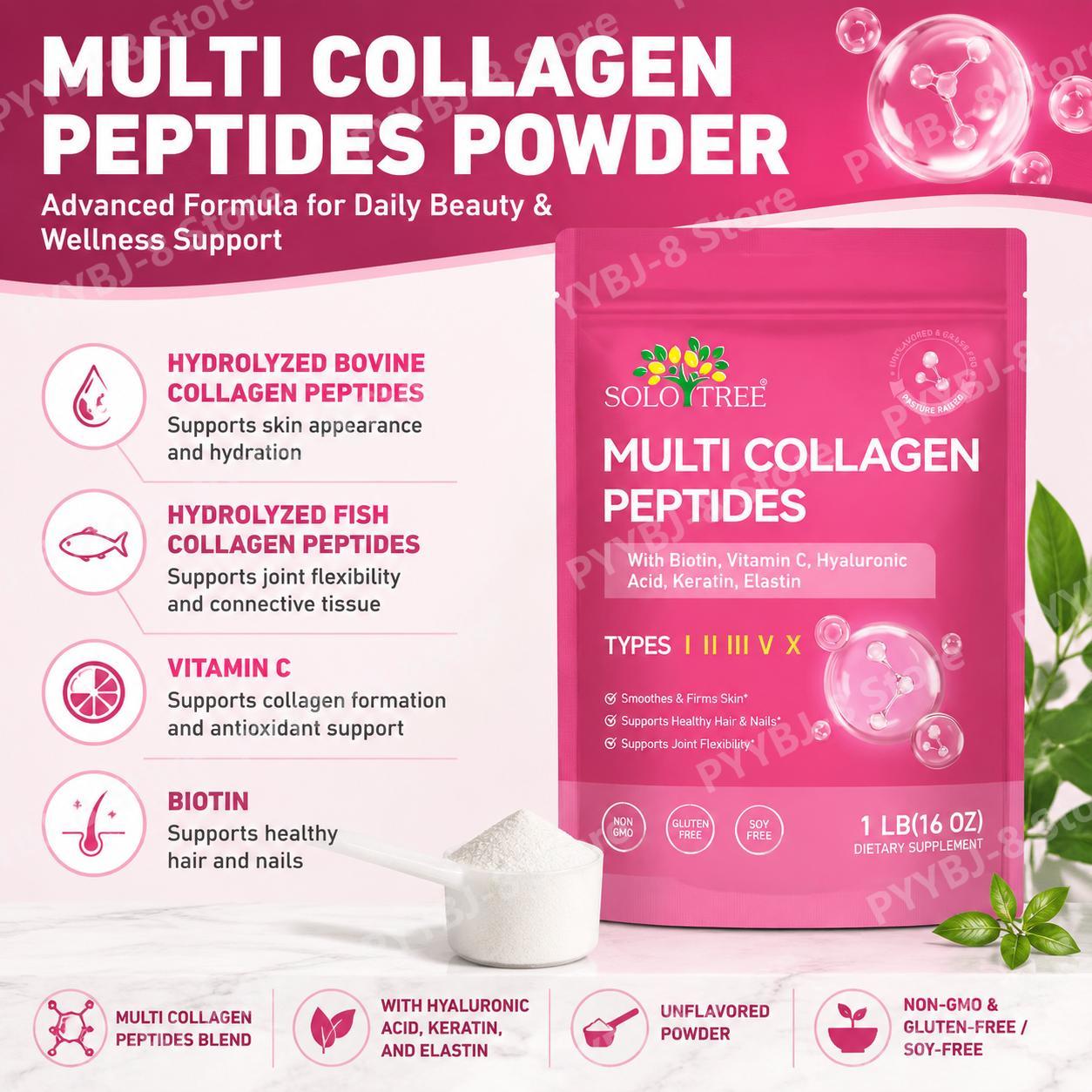 Vitamin C Powder - SoloTree Multi Collagen Peptides Powder with