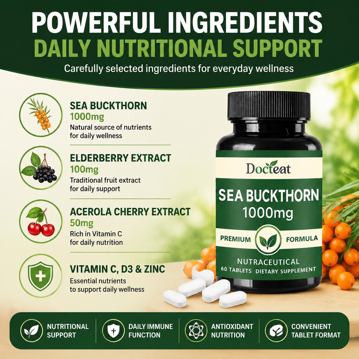 Docteat Sea Buckthorn 1000mg T - đánh giá và giá Vitamin C Powder